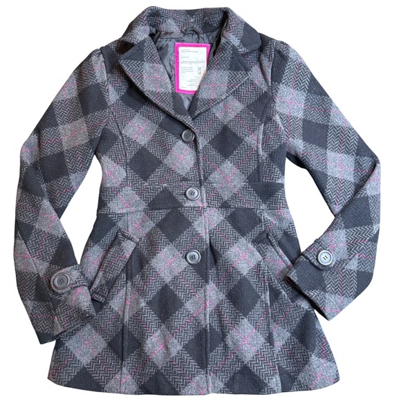 Aeropostale Jackets & Blazers - Aeropostale Plaid Wool Blend Coat Jacket Pink‎ Grey Womens Medium M